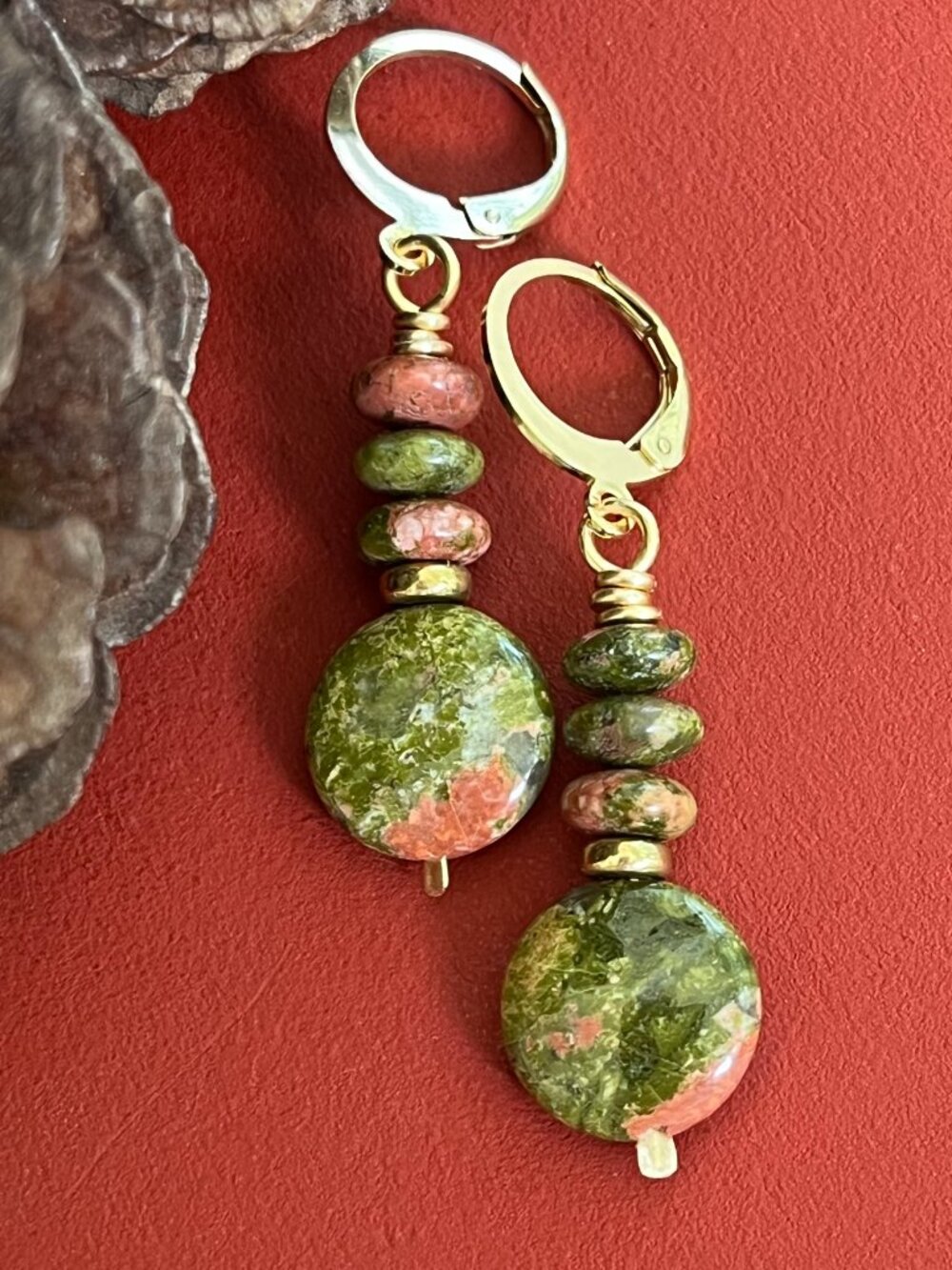 Gemstone Earrings, Unakite, Green Pink Natural Gemstone Boho Dangle Earrings